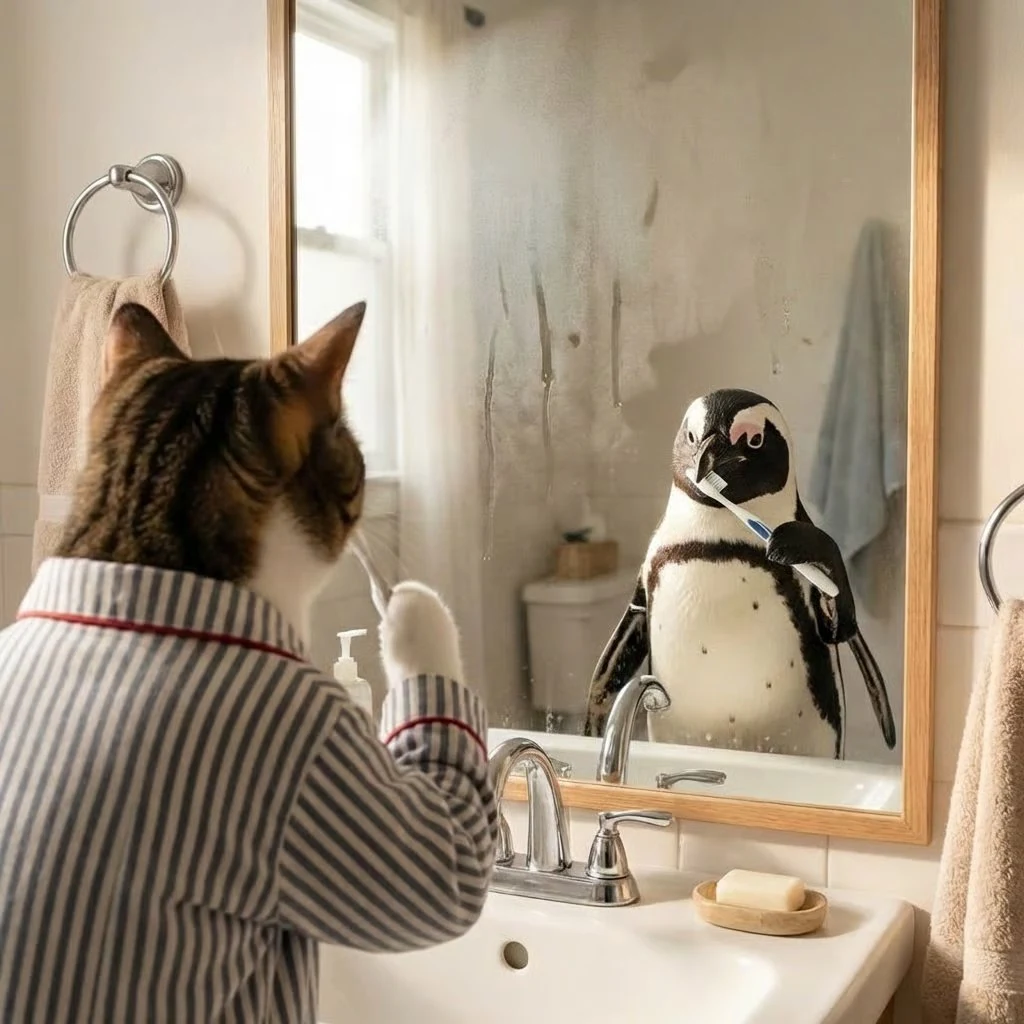 Penguin morning routine meme
