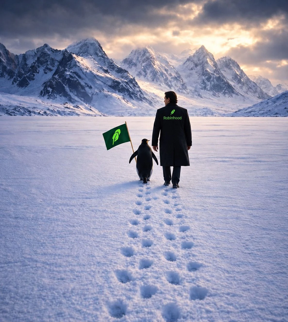 Penguin and Robinhood figure walking across the snow